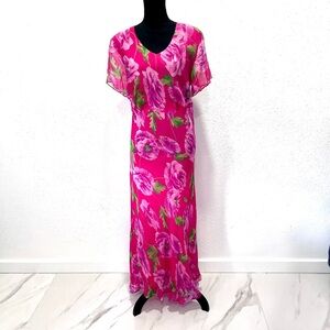 Pink Floral Maxi 100% silk slip on Sundress with Flutter Sleeves 16W‎